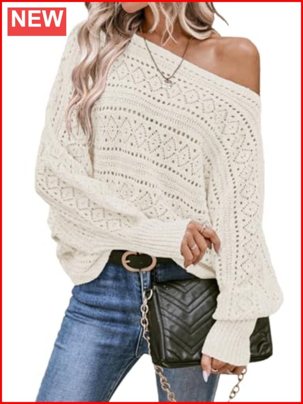 Crochet Boat Neck Long Batwing Sleeve Loose Knit Pullover Sweater